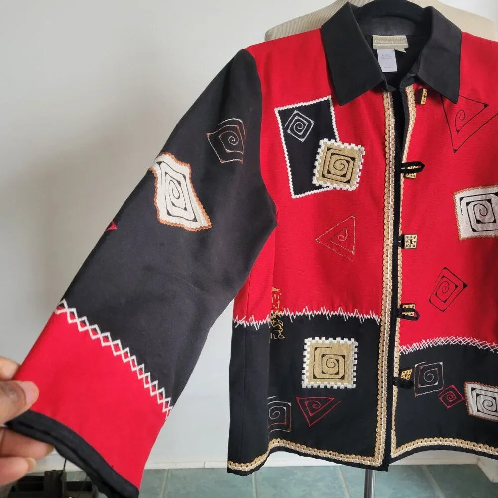 COLDWATER CREEK Red & Black Cotton Casual Jacket W/Appliqué Stitching (Size: S) - Picture 4 of 15
